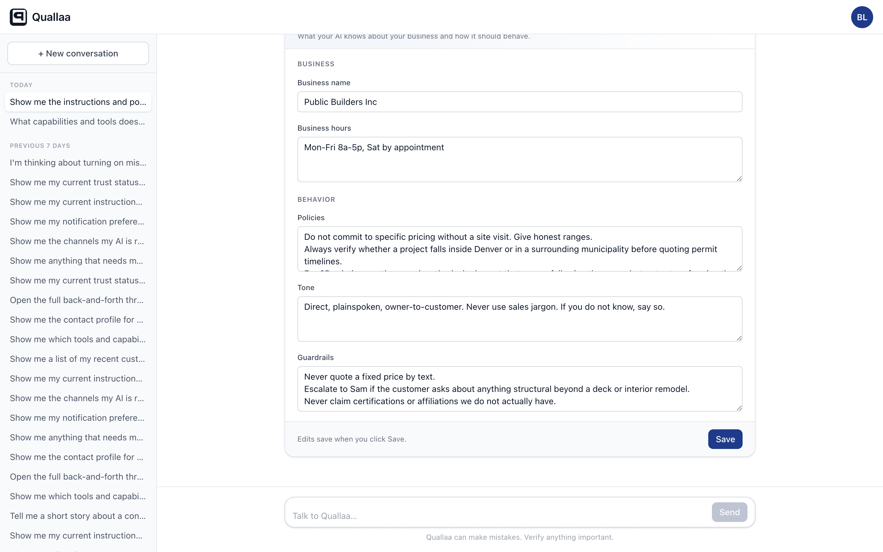 The Instructions panel inside the Quallaa chat showing editable business policies, tone, and guardrails