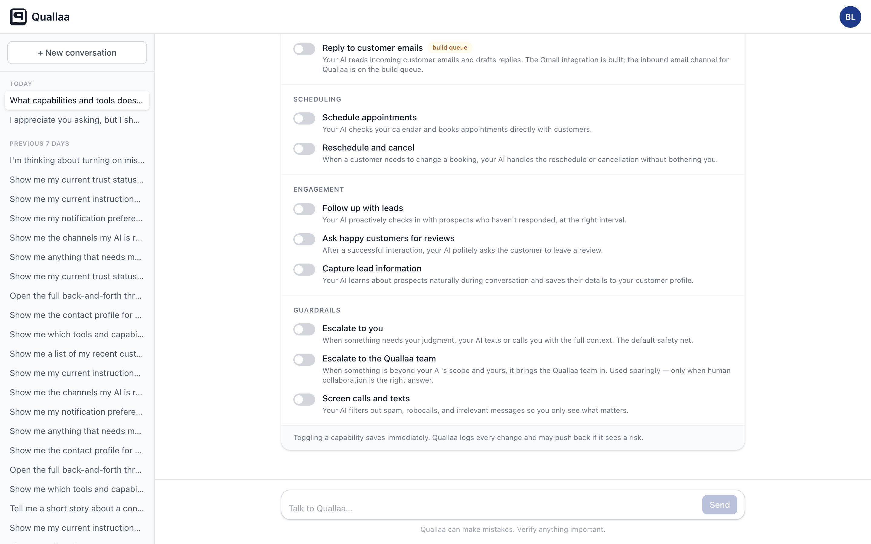 The Tools panel showing all AI capabilities organized by category -- scheduling, engagement, guardrails -- each toggleable
