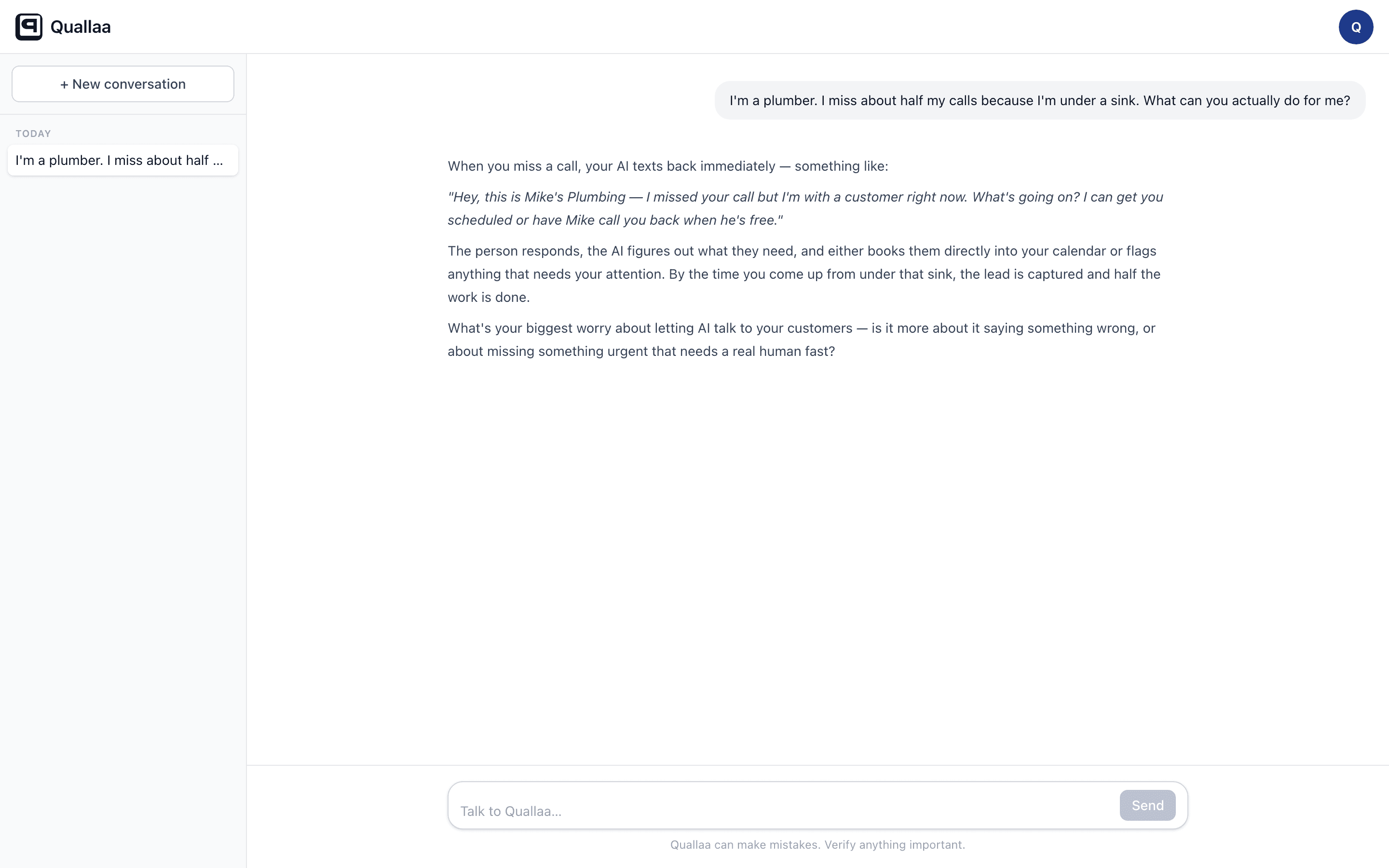 Quallaa giving a plumber a concrete example of missed-call text-back with a real workflow