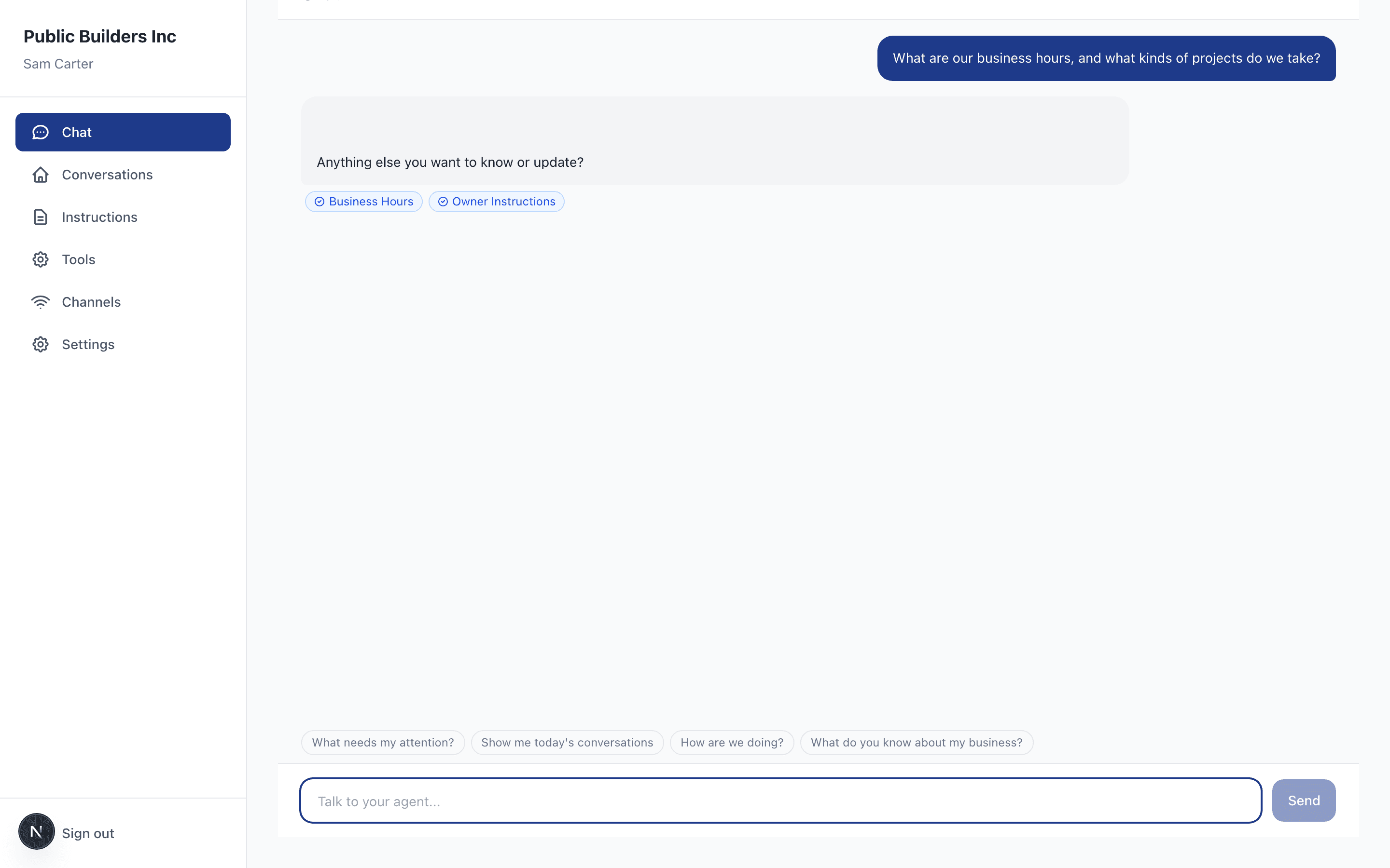 The portal chat showing the agent's response with inline citation badges for Business Hours and Owner Instructions